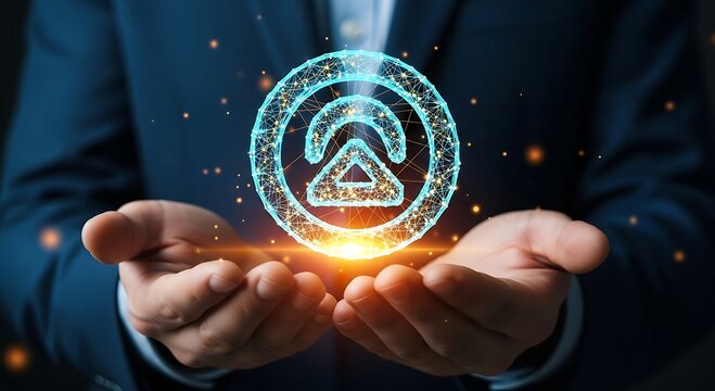Businessman holding glowing digital network icon in hands, representing global connection and technology.