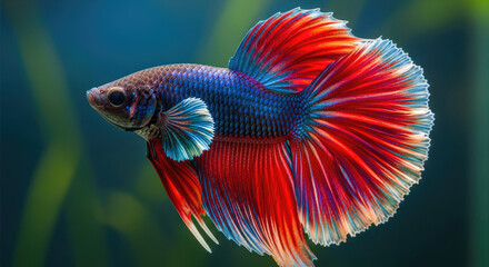 Majestic Siamese Fighting Fish: A Vibrant Display of Red and Blue in Aquatic Elegance of Beautiful Colors Displayed with Decorative