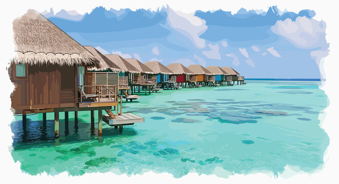 Luxurious overwater bungalows with thatched roofs stand in a row above the calm, crystal-clear turquoise ocean waters.