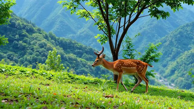Deer in forest with mountain backdrop