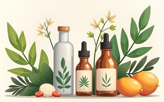 Homeopathy supplement and herb medical set. Beauty medicine cosmetic, alternative herbal pharmacy. Aromatherapy and wellness racy vector elements. High quality