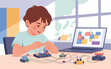 Young boy engaged in STEM education with electronics and coding on laptop