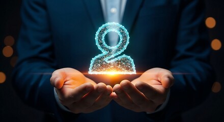 Businessman holding glowing digital user icon representing customer care and innovation.