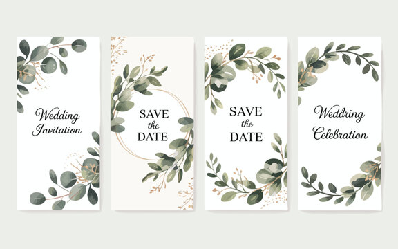 Elegant wedding invitation and save the date card templates with floral greenery