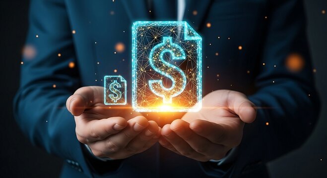 Businessman holding glowing dollar sign icon, representing digital finance and online transactions.