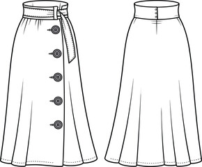 Women's skirt technical sketch, front back view, high waist, A-line silhouette, pleated design, button detail, belt tie, fashion illustration, garment template, vector line art