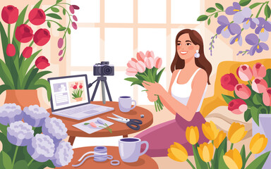 Florist Creating Tulip Bouquets and Filming Content for Social Media