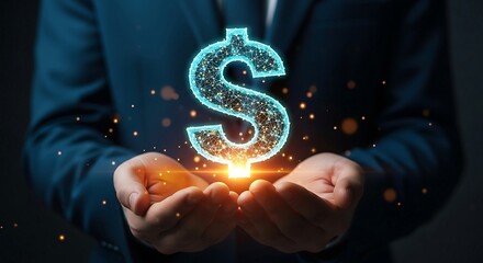 Businessman holding glowing dollar sign, symbolizing financial growth, investment, and digital currency in a modern economy.