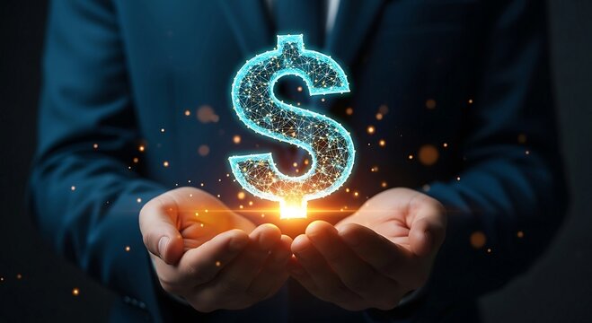 Businessman holding glowing dollar sign, symbolizing financial growth, investment, and digital currency in a modern economy. - Powered by Adobe