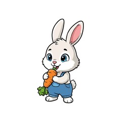 Cute Cartoon Rabbit Eating a Carrot in Blue Overalls
