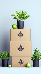 A vertical composition features a stack of three cardboard boxes, each adorned with a leaf logo, surrounded by potted green plants and fresh green apples.