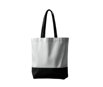 A plain white canvas tote bag with a black bottom