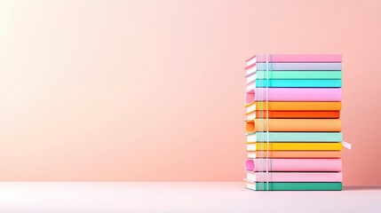 A neat stack of hardcover books in various pastel colors, bound together by white elastic bands, sits on a white surface against a soft pink backdrop.
