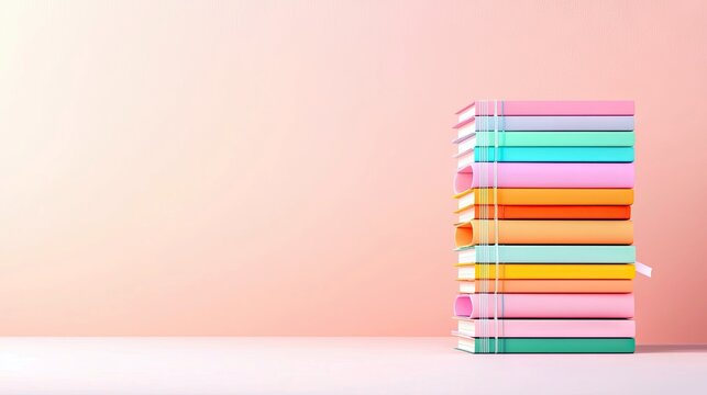 A neat stack of hardcover books in various pastel colors, bound together by white elastic bands, sits on a white surface against a soft pink backdrop.