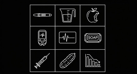 Collection of medical and health icons in white outline style on black background, representing healthcare, wellness, and healthy lifestyle