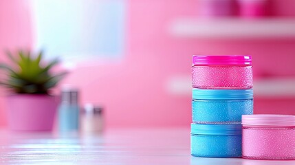 A stack of four small, glitter-filled jars in pink and blue, with a single pink jar to the side, and a blurred potted plant in the background.