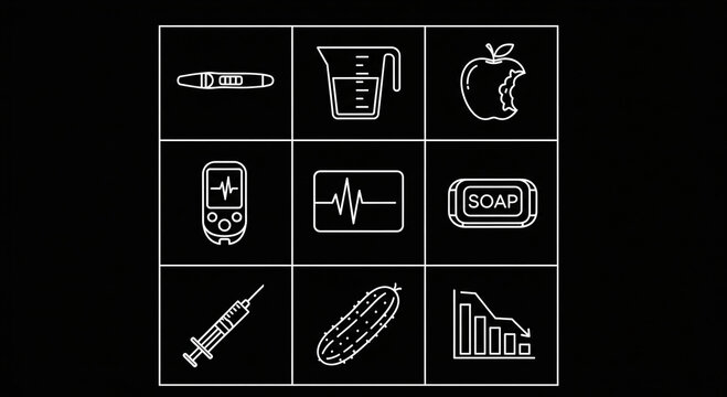 Collection of medical and health icons in white outline style on black background, representing healthcare, wellness, and healthy lifestyle - Powered by Adobe
