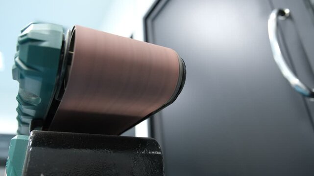 Belt sander for wood in action, Sandpaper polisher, a worker grinds and polishes welds on a metal structure to a shine, polishing machine, audio included