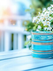 A stack of decorative teal tins with gold trim sits on a light blue wooden surface, with white flowers and a soft bokeh background.