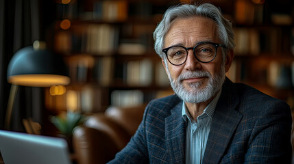 Fototapeta premium Confident and wise older gentleman with warm smile, spectacles, and neat beard, posing in blurred background of classic bookshelves, evoking sense of intellect and experience