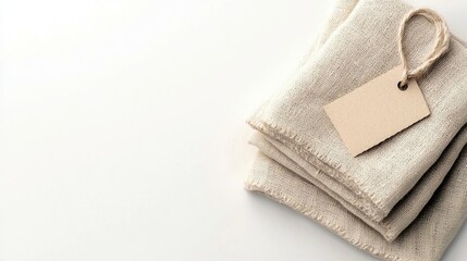 A stack of folded beige linen napkins is presented on a clean white surface, with a blank kraft paper tag attached by twine.