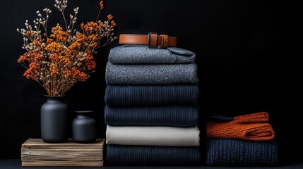 A neat stack of folded sweaters in various shades of blue and grey, topped with a brown leather belt, sits beside two dark vases holding dried orange flowers.