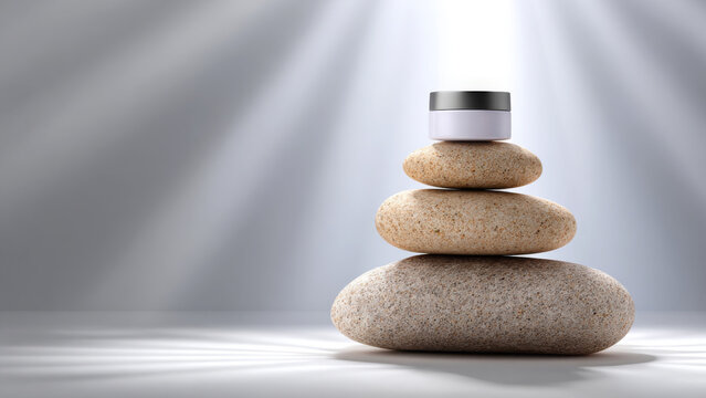 Stack of smooth stones with a cosmetic jar on top, illuminated by soft light, creating a serene atmosphere, ideal for wellness and beauty concepts in advertising
