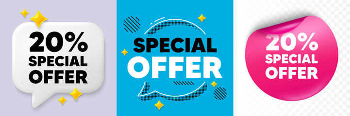 Discount speech bubble. 3d sparkles chat, Paper sticker. 20 percent discount offer tag. Sale price promo sign. Special offer symbol. Special offer bubble. Halftone dots pattern. Vector