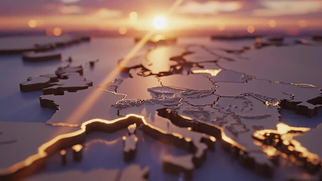 A detailed map of Europe is illuminated by a warm sunrise, creating reflections on its surface. This beautiful map showcases the distinct shapes and borders, evoking a sense of exp