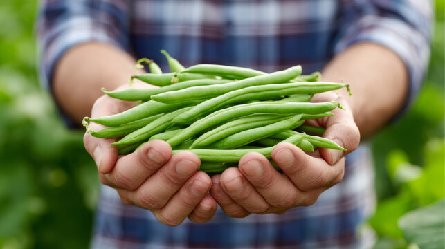 Man holding fresh green beans in hands, showcasing vibrant produce against a lush garden background, emphasizing organic farming and healthy lifestyle choices