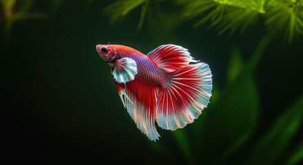 Striking Betta splendens displaying its vibrant red and white finnage, showcasing the beauty of ornamental fish in a natural freshwater