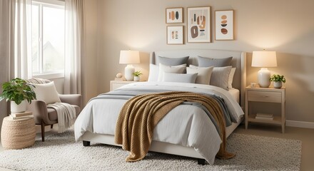 Fototapeta premium Elegant bedroom interior with bed bedside tables artwork and window