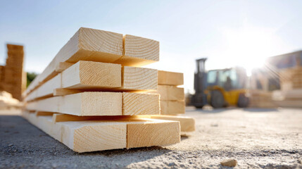 Stacked wooden planks on construction site, sun shining brightly in background, showcasing raw materials for building projects and emphasizing craftsmanship in woodworking