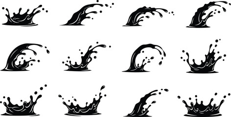 Water Splash and Droplet Vector Silhouette Set, Dynamic Liquid Wave and Crown Icon Graphics, Black Flat Drawing of Fluid Motion and Spill Design Elements