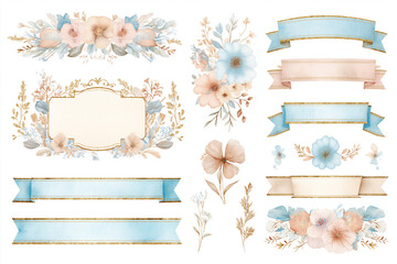 Elegant scrapbook kit with hand-drawn watercolor floral frames, banners, decorative ribbons, flowers and botanical accents, soft romantic pastel palette
