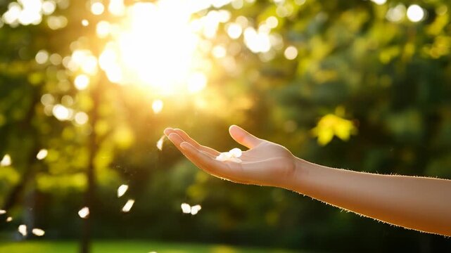 Human hand catching light particles in golden natural background