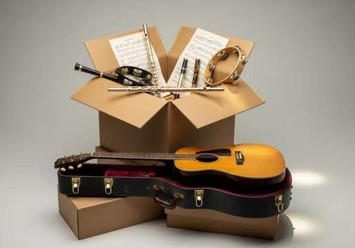 Musical instruments being packed for relocation or donation, showing a guitar in its open case and several wind instruments in a cardboard box.