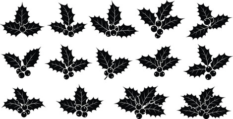 Flat vector illustration of holly leaf and berry icons, black silhouette Christmas decoration elements, festive botanical symbol, winter holiday design