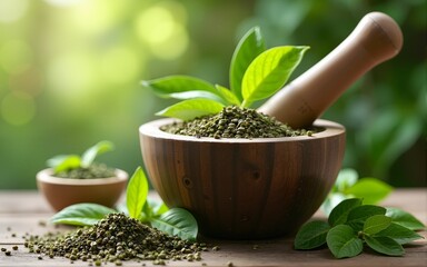 Natural medicine, herbs, mortar. High quality