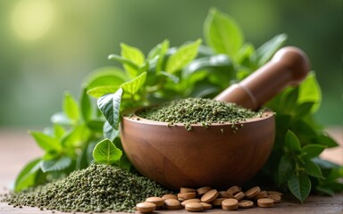 Natural medicine, herbs, mortar. High quality