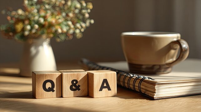Wooden Blocks with Letters Q and A on Desk with Coffee and Notebook