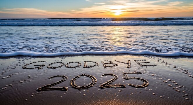 Goodbye written in sand on beach at sunset with ocean waves