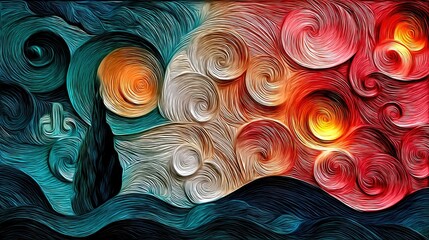 A stylized, abstract depiction of a night sky with a prominent moon, a solitary tree silhouette, and swirling clouds in vibrant colors.