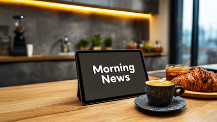 tablet with word "morning news" written on it on desk, morning habit of reading news while eating breakfast in kitchen before work, a cup of coffee and a croissant with orange marmalade on table