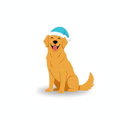 happy golden retriever dog sitting with blue santa hat isolated clip art