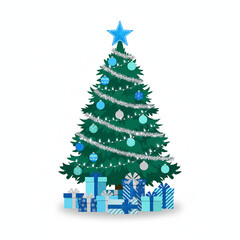 blue and silver christmas tree with gifts illustration isolated on transparent background