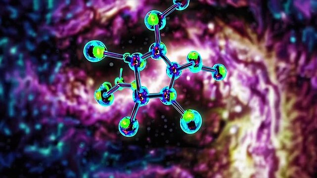 3D-rendered molecular model showcasing atomic bonds and electron density in a vibrant, cosmic-themed background. Ideal for science