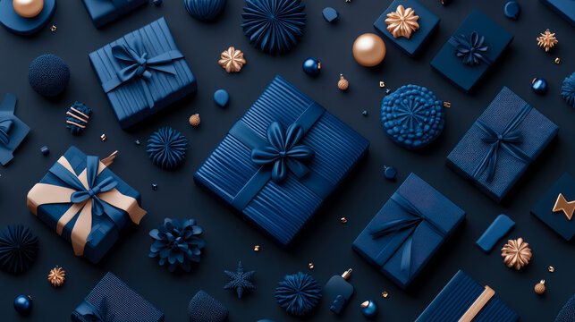 Elegant flat lay composition showcasing luxurious assortment of blue gift boxes, textured ornaments, and sparkling gold accents on dark, sophisticated background.