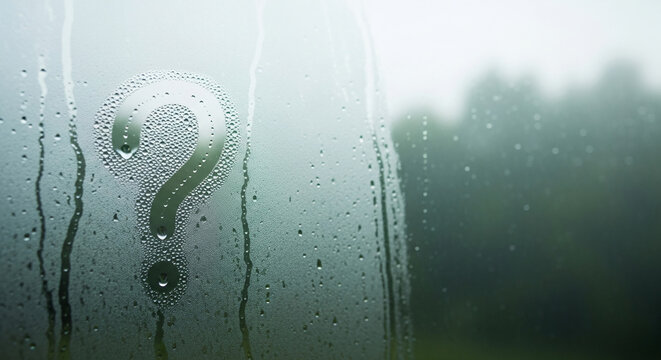 Foggy glass with water droplets and a question mark drawn on it, evoking uncertainty, mystery, or curiosity, with a blurred background of greenery