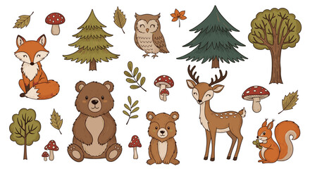 Fototapeta premium Adorable collection of hand-drawn woodland creatures and forest elements, including a fox, bear, deer, owl, and squirrel.